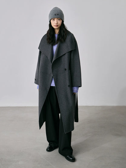 CAREMIND100% laine industrie lourde manteau en laine double face automne et hiver femme intellectuelle sangle manteau moyen et long