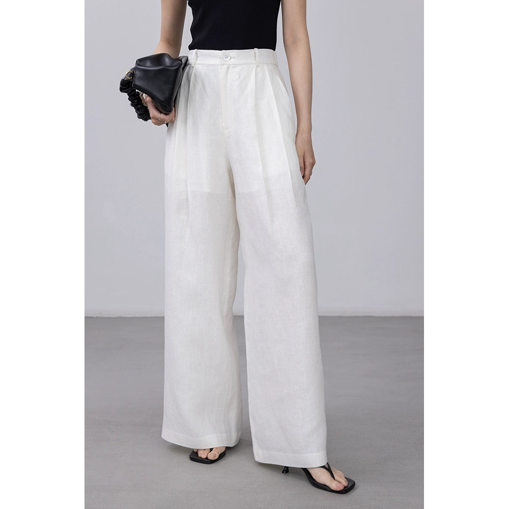 [Oferta por tiempo limitado] Pantalones rectos blancos de lino puro CAREMIND Pantalones casuales versátiles de cintura alta y pierna ancha 