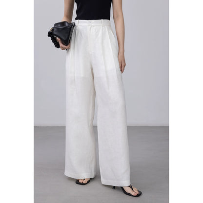 [Oferta por tiempo limitado] Pantalones rectos blancos de lino puro CAREMIND Pantalones casuales versátiles de cintura alta y pierna ancha 