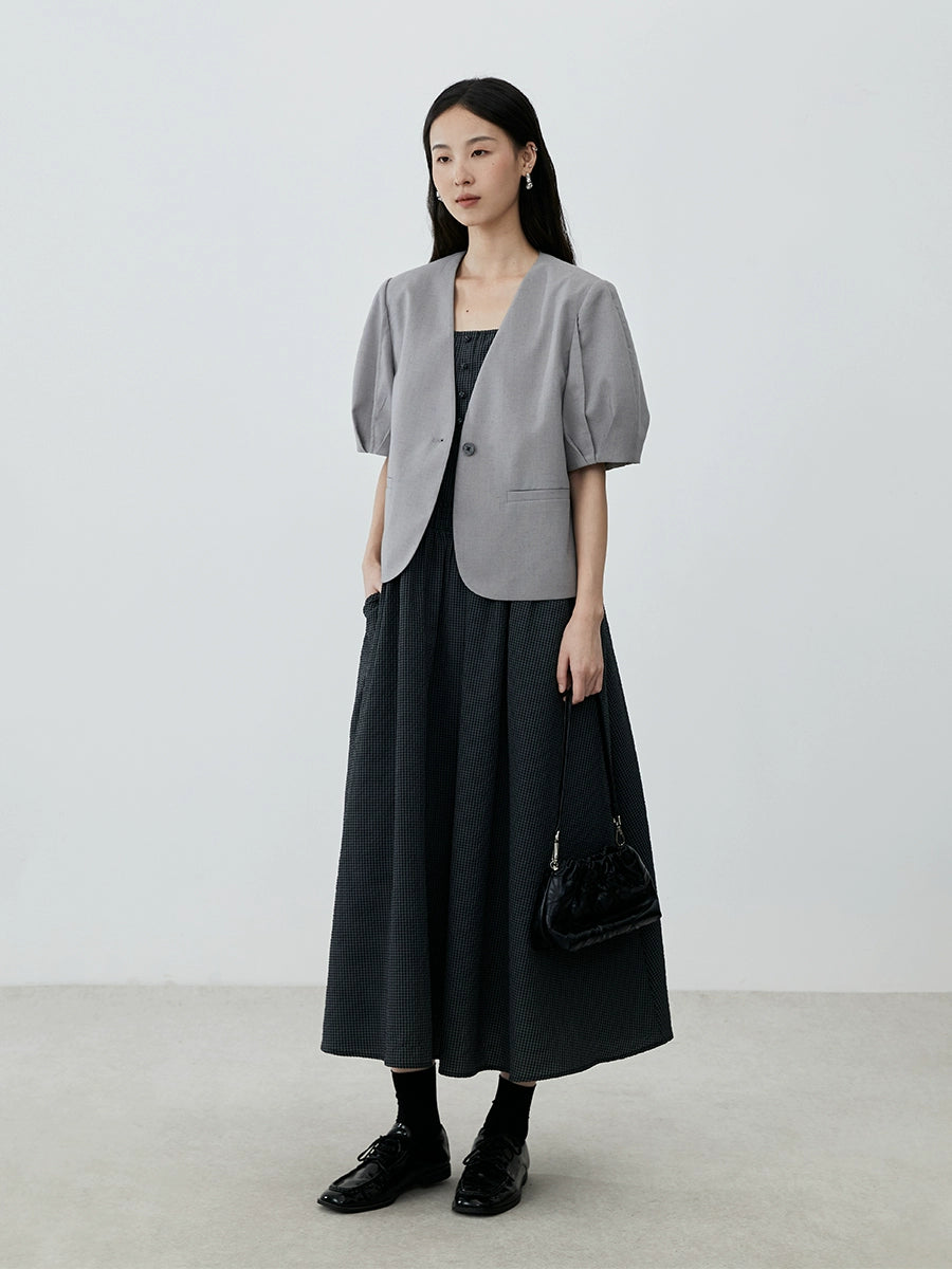 [Sketch skirt] CAREMIND French temperament checkered suspender dress lazy sleeveless medium and long dress
