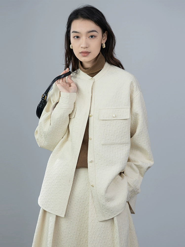 [Oferta por tiempo limitado] Conjunto de chaqueta y falda plisada con doble bolsillo y estampado en relieve para mujer de CAREMIND 