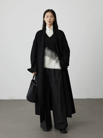 [Chelsea Hotel] Abrigo de lana pura con cuello de fruta verde CAREMIND, abrigo de silueta larga negro para mujer 