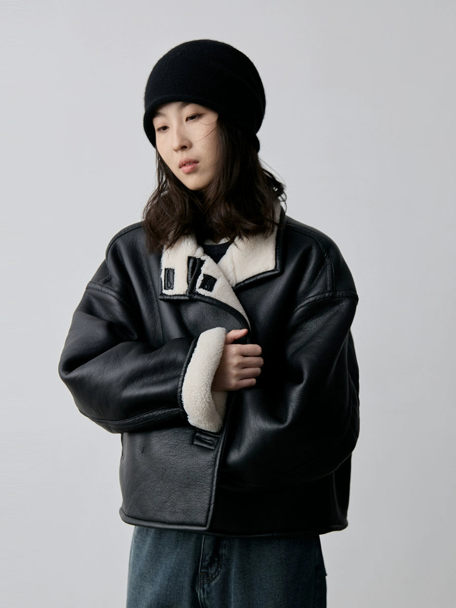 Chaqueta negra corta cálida y resistente al viento con pelo integrado de CAREMIND, chaqueta de solapa de locomotora de moda para mujer 