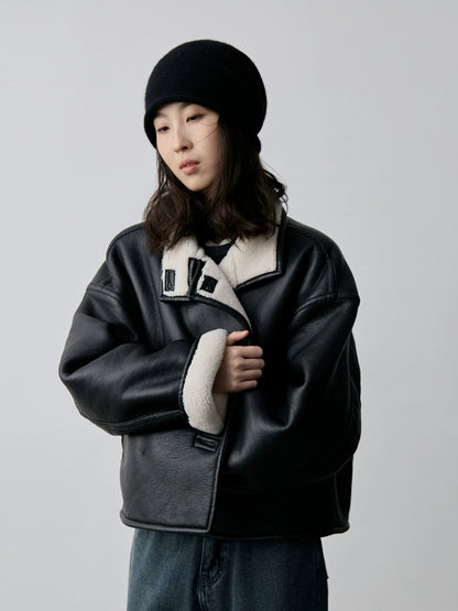 Chaqueta negra corta cálida y resistente al viento con pelo integrado de CAREMIND, chaqueta de solapa de locomotora de moda para mujer 