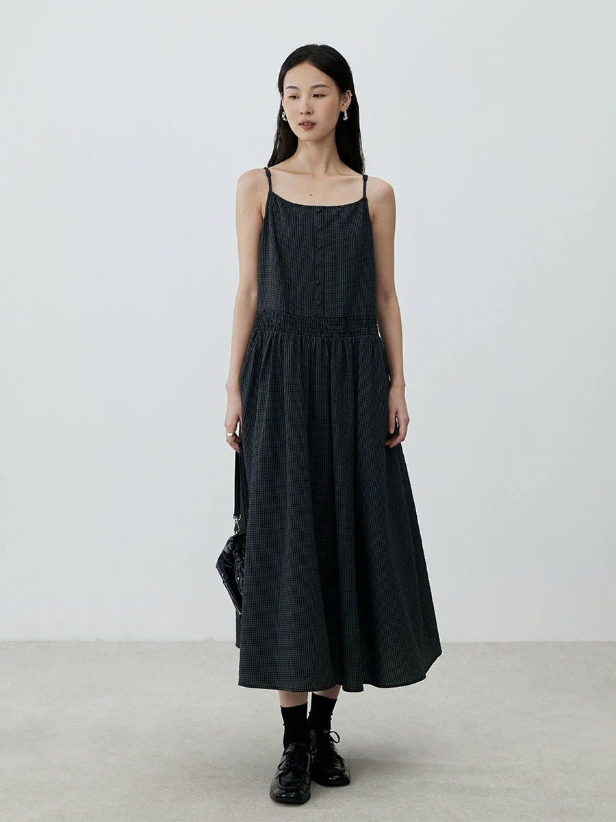 [Sketch skirt] CAREMIND French temperament checkered suspender dress lazy sleeveless medium and long dress