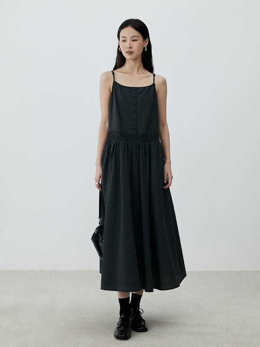 [Sketch skirt] CAREMIND French temperament checkered suspender dress lazy sleeveless medium and long dress