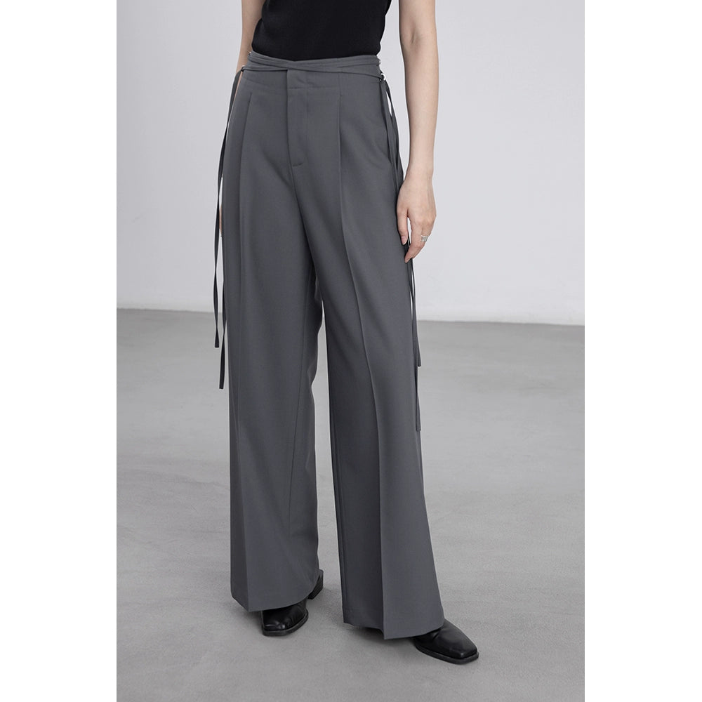[Oferta por tiempo limitado] Pantalones de traje gris CAREMIND, diseño de mujer, cintura con tiras, pantalones de pierna ancha 