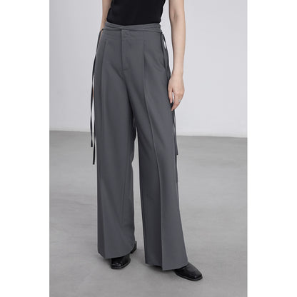 [Oferta por tiempo limitado] Pantalones de traje gris CAREMIND, diseño de mujer, cintura con tiras, pantalones de pierna ancha 
