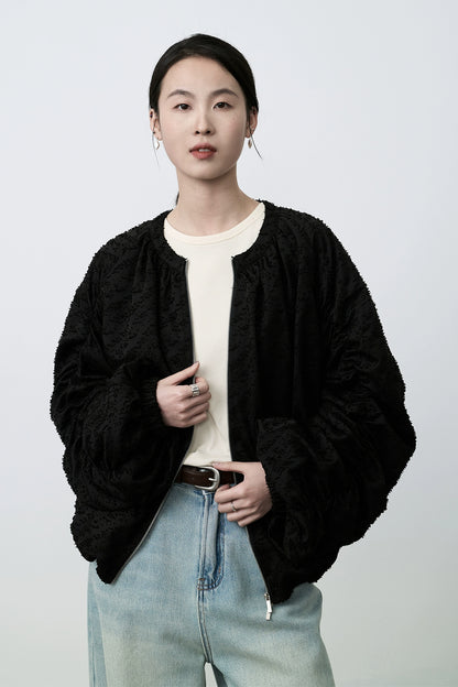 CAREMIND Nueva chaqueta corta de jacquard chino para mujer, chaqueta de béisbol negra con cremallera, cárdigan superior 