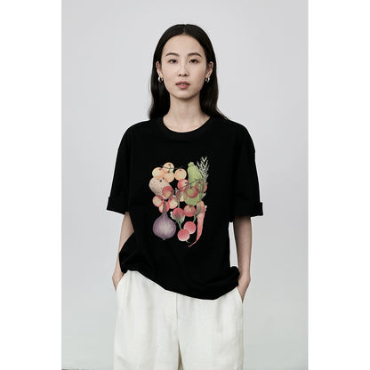 CAREMIND Camiseta con estampado divertido de frutas y verduras de estilo japonés, sencilla, literaria y fresca, de algodón, de manga corta 