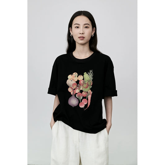 CAREMIND Camiseta con estampado divertido de frutas y verduras de estilo japonés, sencilla, literaria y fresca, de algodón, de manga corta 