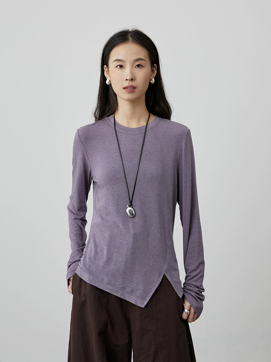 [Monet Base] Camiseta básica de tencel con cuello redondo y manga larga interior con abertura en los extremos para mujer de CAREMIND 