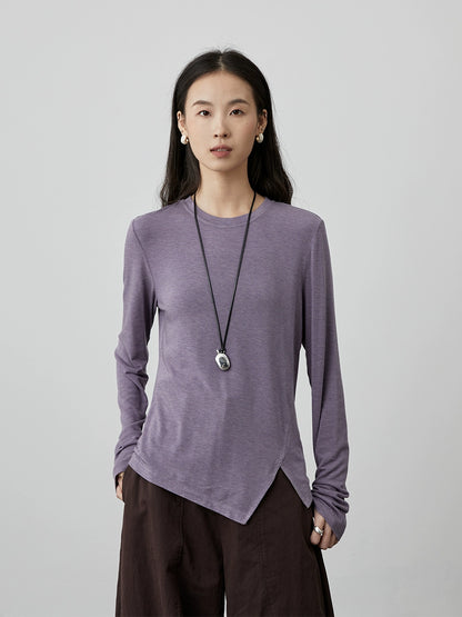 [Monet Base] Camiseta básica de tencel con cuello redondo y manga larga interior con abertura en los extremos para mujer de CAREMIND 
