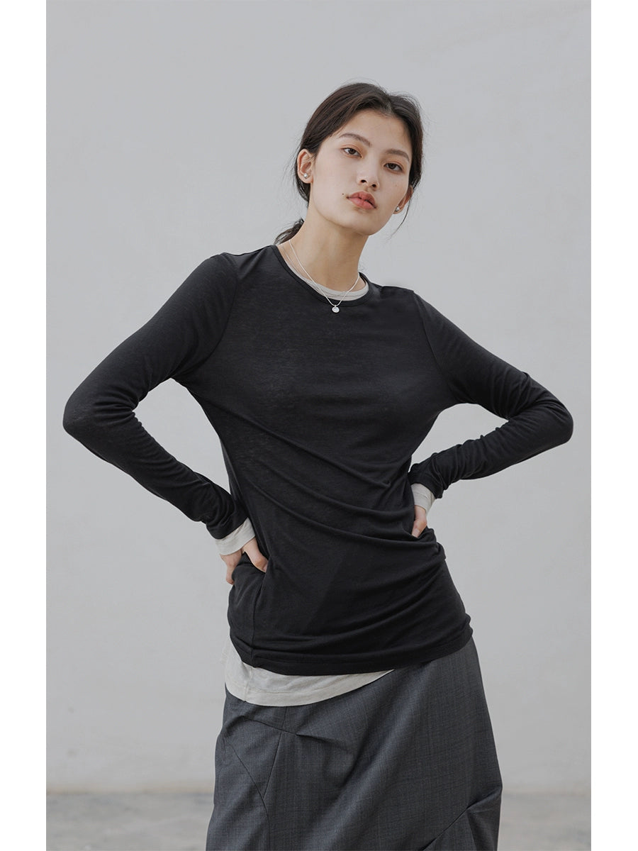 [Oferta especial por tiempo limitado] Camisa de punto de lana Tencel, top de manga larga con cuello redondo, acaparamiento y apilamiento ligeros, artefacto para mujer 