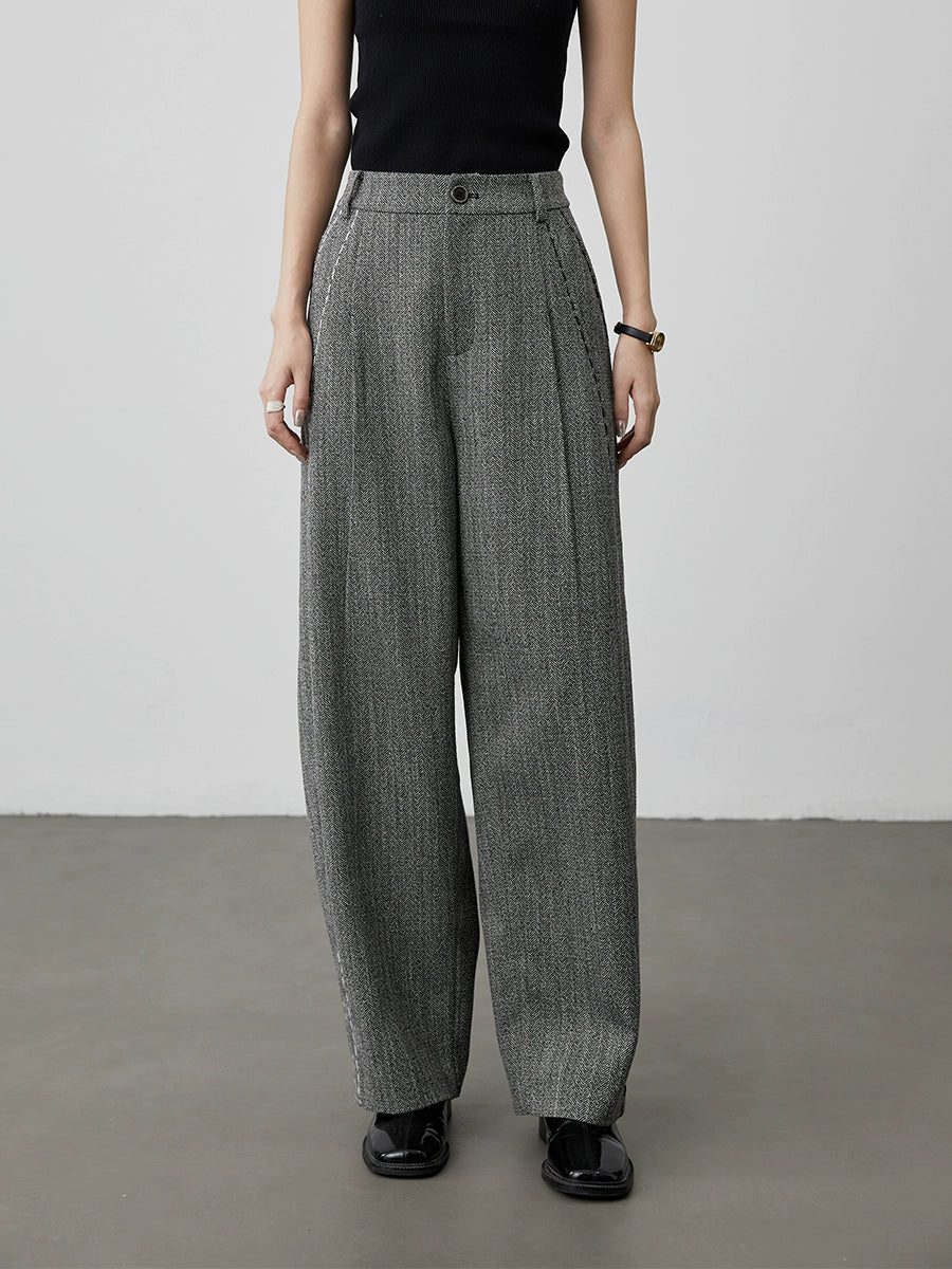 [Pantalones Charles] Pantalones de sarga de espiga gris de cintura alta CAREMIND, pantalones casuales rectos para mujer, primavera y otoño 