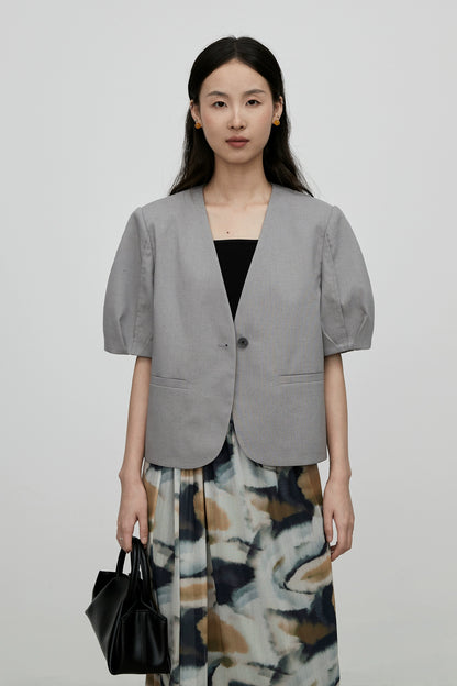 Chaqueta estilo camisa corta vintage gris CAREMIND para uso diario, cuello en V, botones, parte superior pequeña 