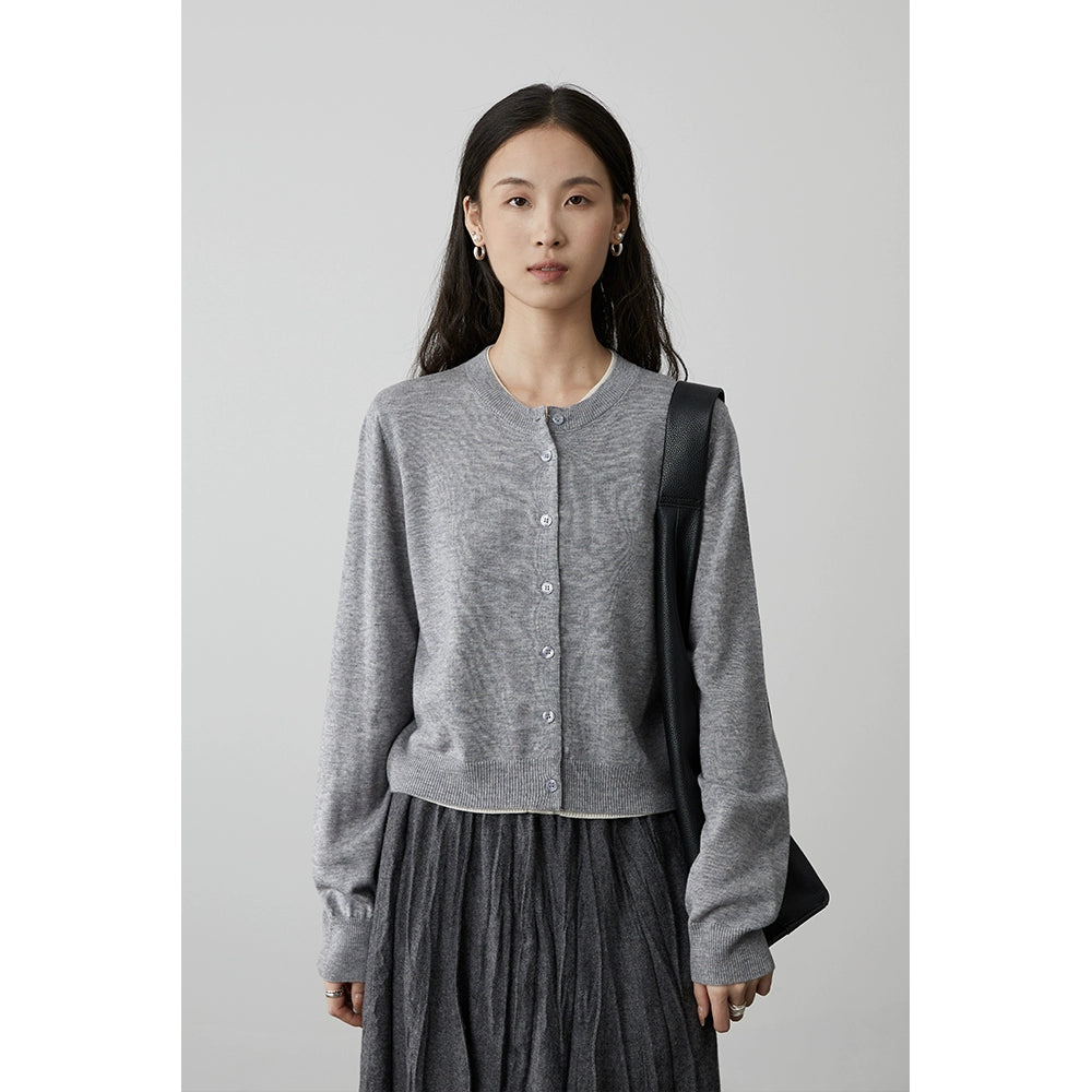 [Sea Salt Mocha] Chaqueta tipo cárdigan de punto de lana CAREMIND, cuello redondo, temperamento, top fino falso de dos piezas 