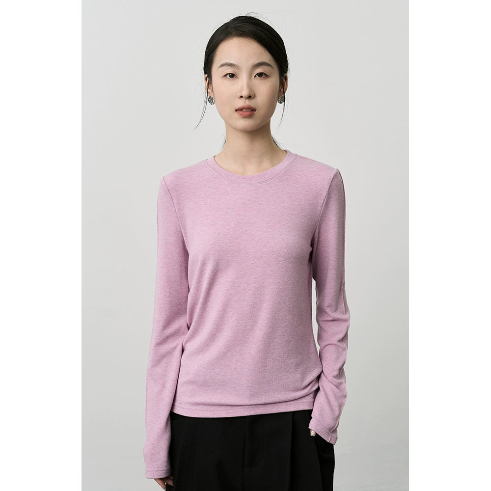 Camiseta de cuello redondo con parte inferior de color rosa suave y ceroso de CAREMIND 2024 Nueva camiseta de manga larga interior premium 