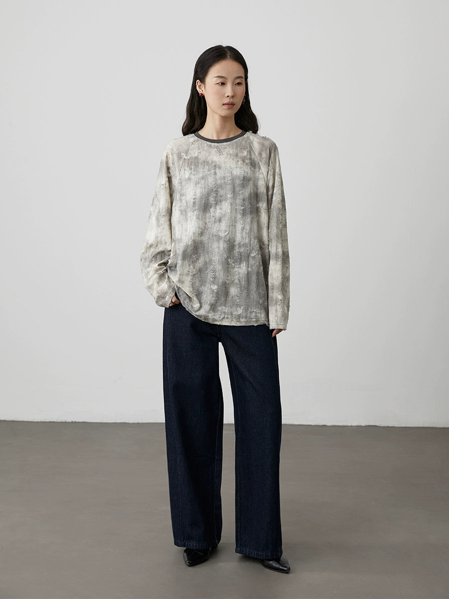 [Notas flotantes] Camiseta de manga larga con cuello redondo y manchas irregulares holgadas de CAREMIND, parte inferior gris y blanca para mujer 