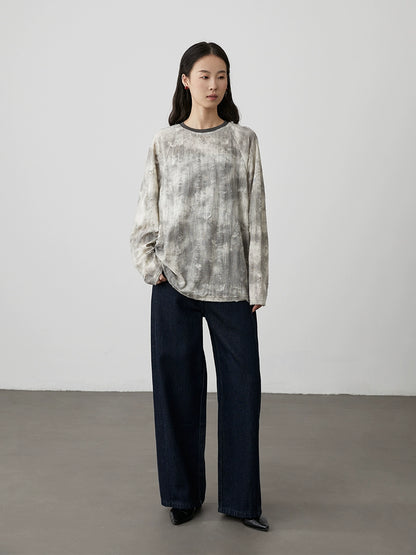 [Notas flotantes] Camiseta de manga larga con cuello redondo y manchas irregulares holgadas de CAREMIND, parte inferior gris y blanca para mujer 