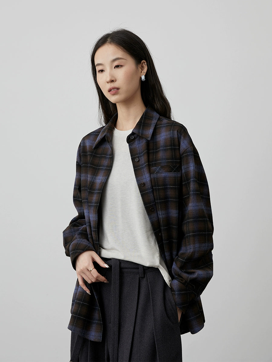 [Camisa gris] CAREMIND Camisa a cuadros azul café elegante original Chaqueta superior versátil e informal de otoño 