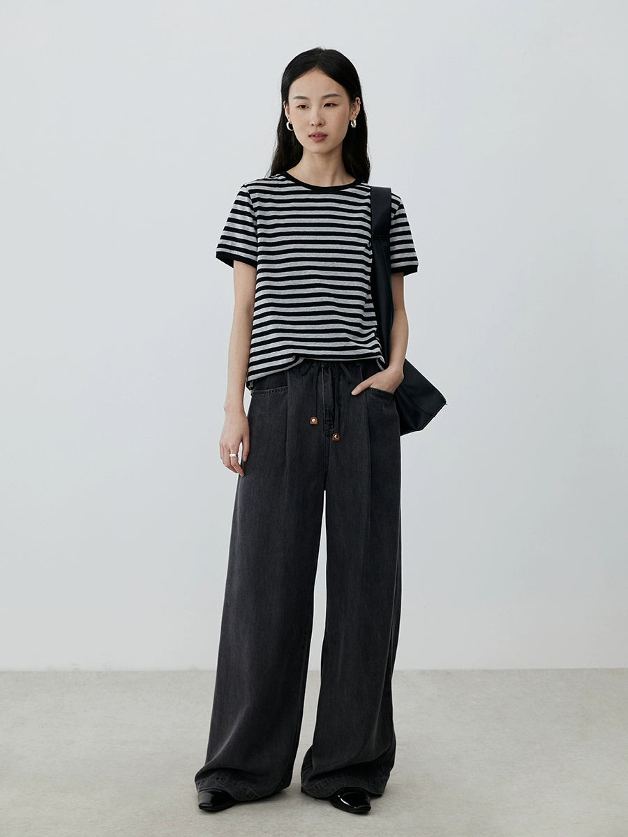 [Comfort Channel] CAREMIND Camiseta de manga corta con cuello redondo y rayas grises para mujer, top informal ajustado con hombros descubiertos para otoño 