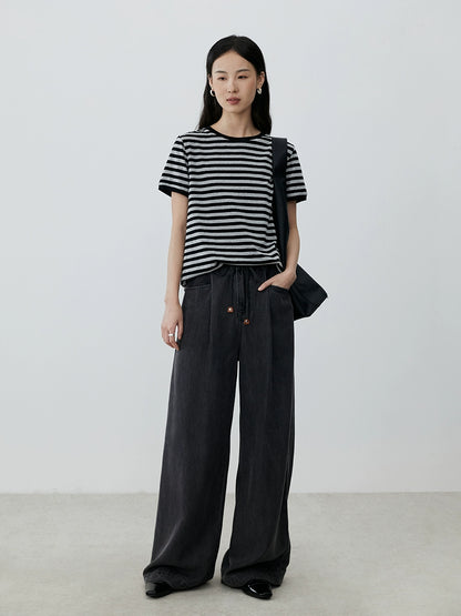 [Comfort Channel] CAREMIND Camiseta de manga corta con cuello redondo y rayas grises para mujer, top informal ajustado con hombros descubiertos para otoño 