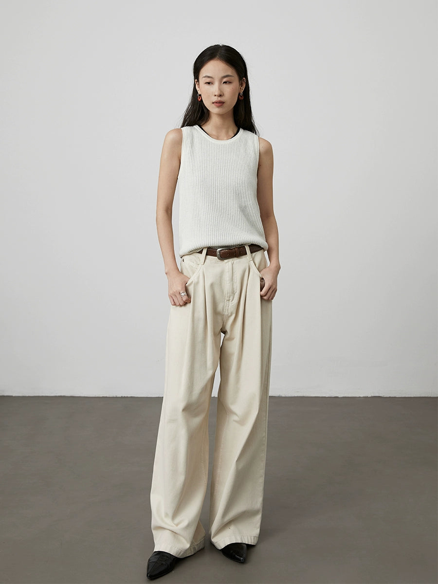 [Chaleco totalmente de lana] Chaleco sin mangas de lana CAREMIND, camiseta de punto con cuello redondo y tiras simples en las sienes 