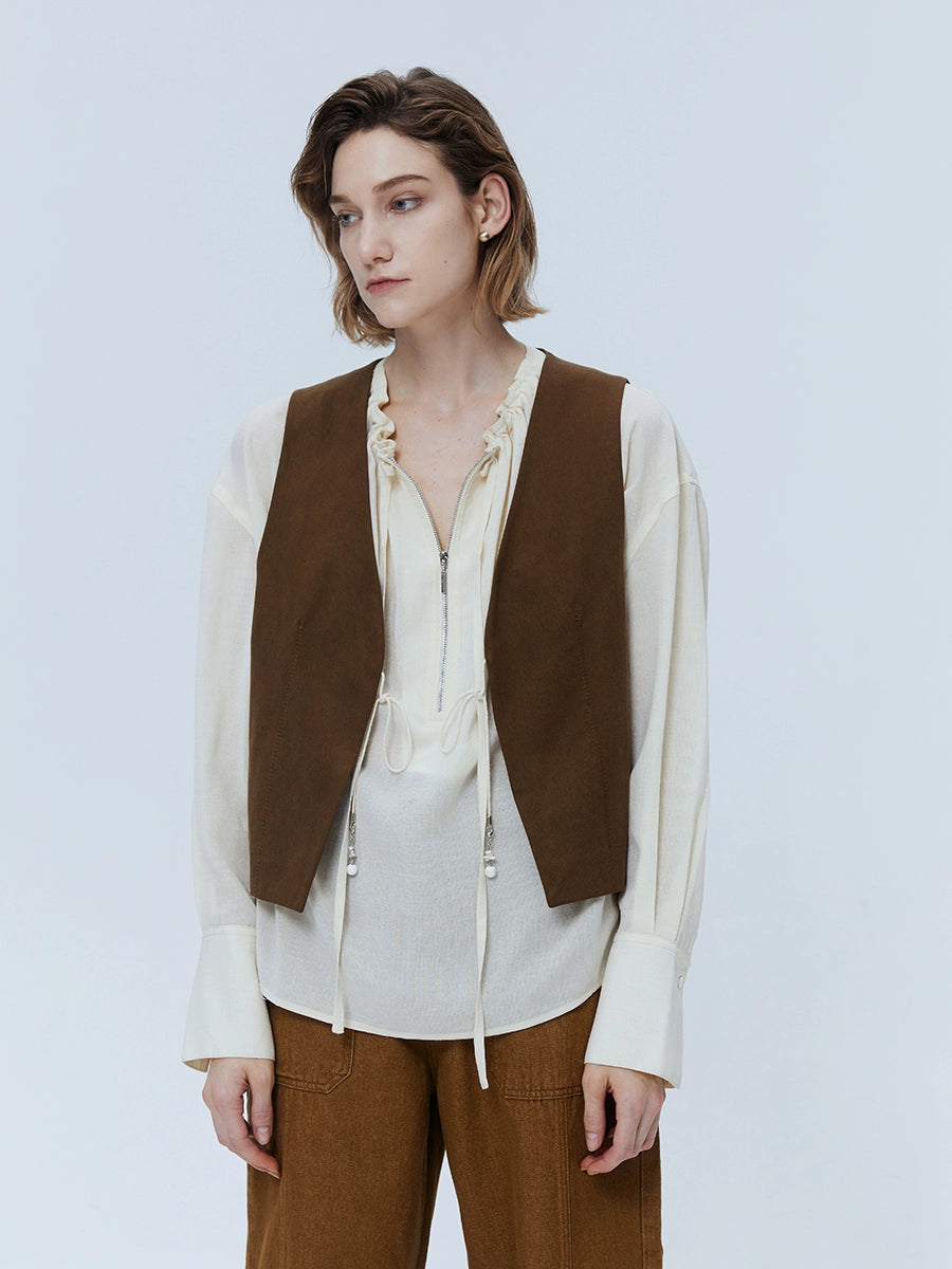 [Oferta especial por tiempo limitado] Camisa con cordón y cierre de cremallera semitransparente de ácido acético ligera y fina para mujer, diseño plisado, para uso informal 