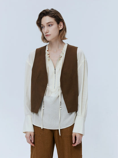 [Oferta especial por tiempo limitado] Camisa con cordón y cierre de cremallera semitransparente de ácido acético ligera y fina para mujer, diseño plisado, para uso informal 
