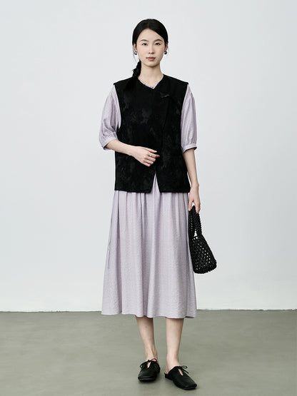 Vestido francés suave con escote en V y borde en forma de hongo de CAREMIND, ajustado, de estilo medio 