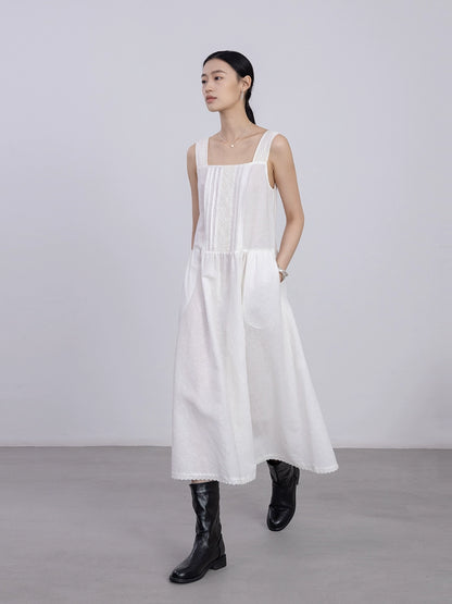 [Oferta por tiempo limitado] Vestido de encaje literario romántico blanco Nuevo vestido de jacquard con escote cuadrado Vestido mediano y largo 