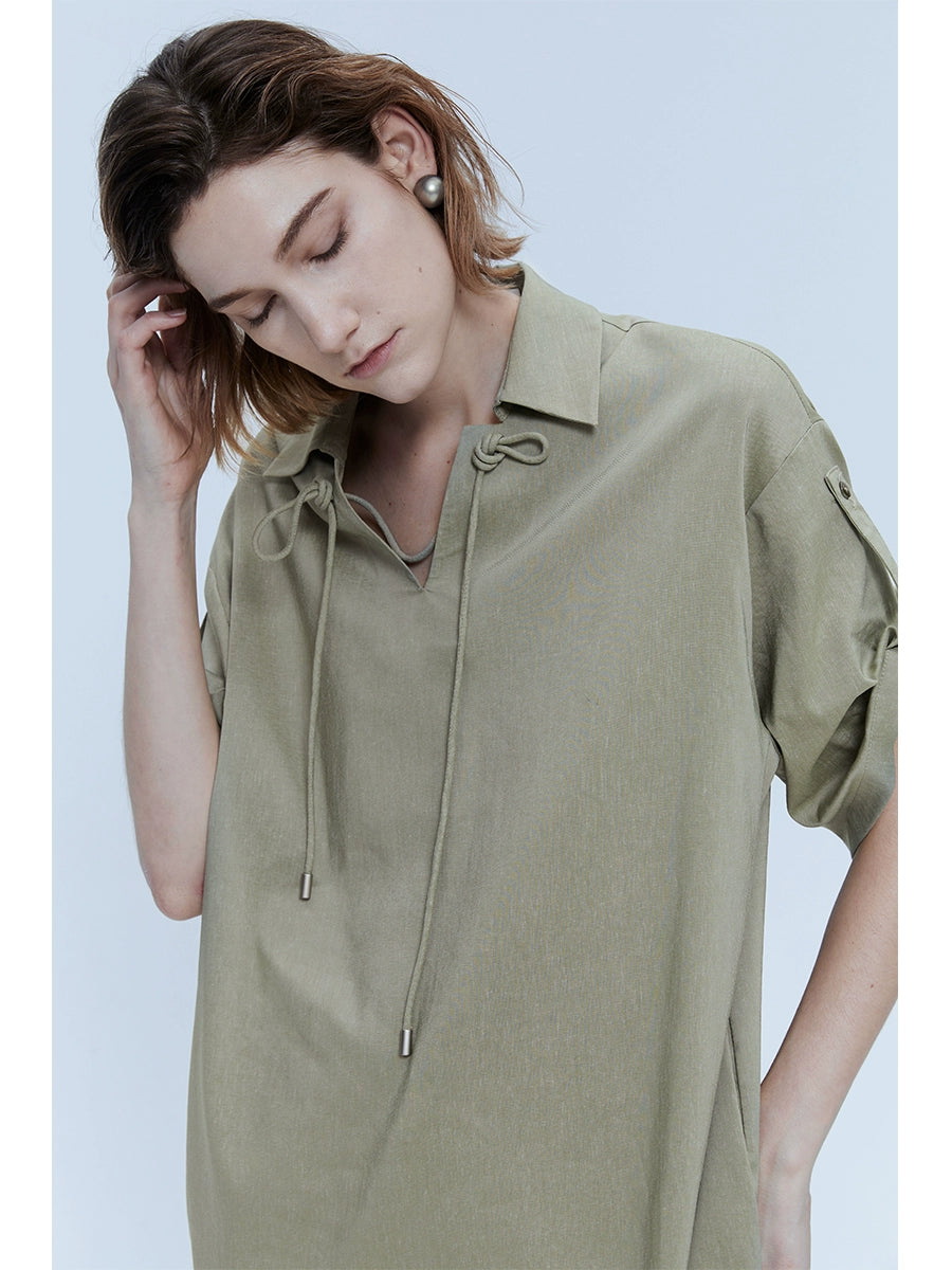 [Oferta por tiempo limitado] Camisa de lino Tencel con solapa, diseño Sense, camisa tipo polo de manga media, informal, de verano 