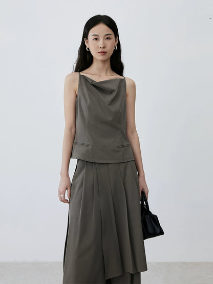 [Sentido ligero y de moda] CAREMIND Traje de temperamento de estilo europeo con cuello oscilante, tirantes, pantalones de traje de pierna ancha, falda de pantalón apilada 