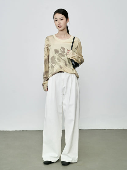 CAREMIND2024 nueva camiseta de manga larga con pintura de tinta de albaricoque amarillo de otoño, top de malla manchado 