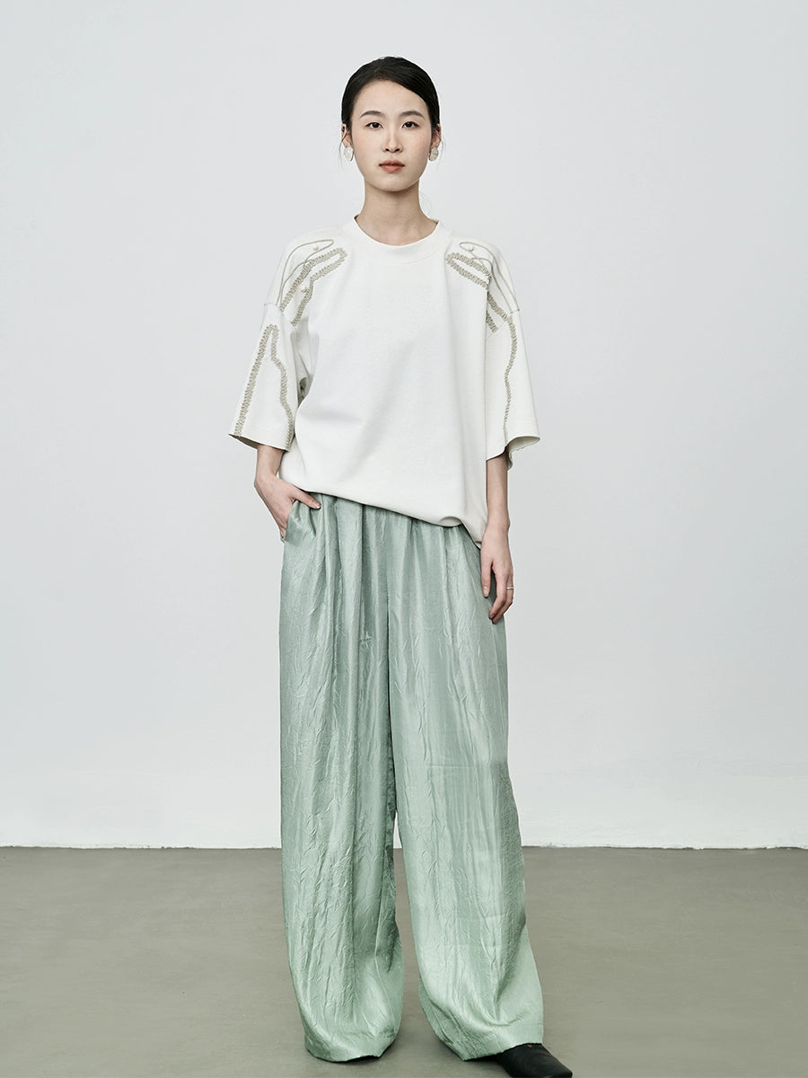 Camiseta informal holgada hecha a mano con cuentas de CAREMIND, patrón de papel industrial pesado, blusa bordada china de manga corta 