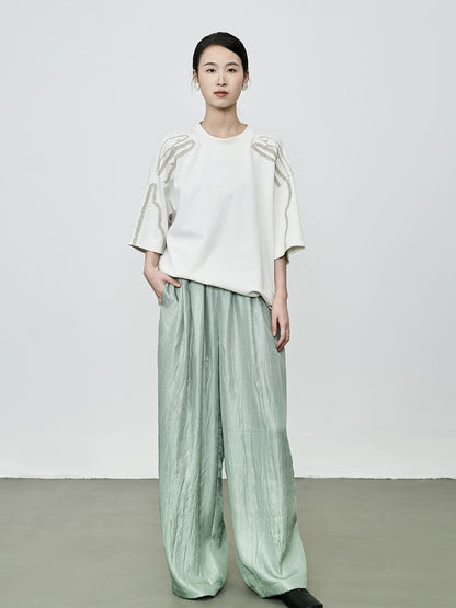 Camiseta informal holgada hecha a mano con cuentas de CAREMIND, patrón de papel industrial pesado, blusa bordada china de manga corta 