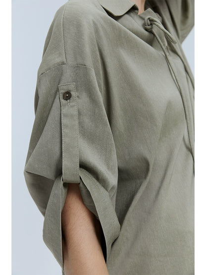 [Oferta por tiempo limitado] Camisa de lino Tencel con solapa, diseño Sense, camisa tipo polo de manga media, informal, de verano 