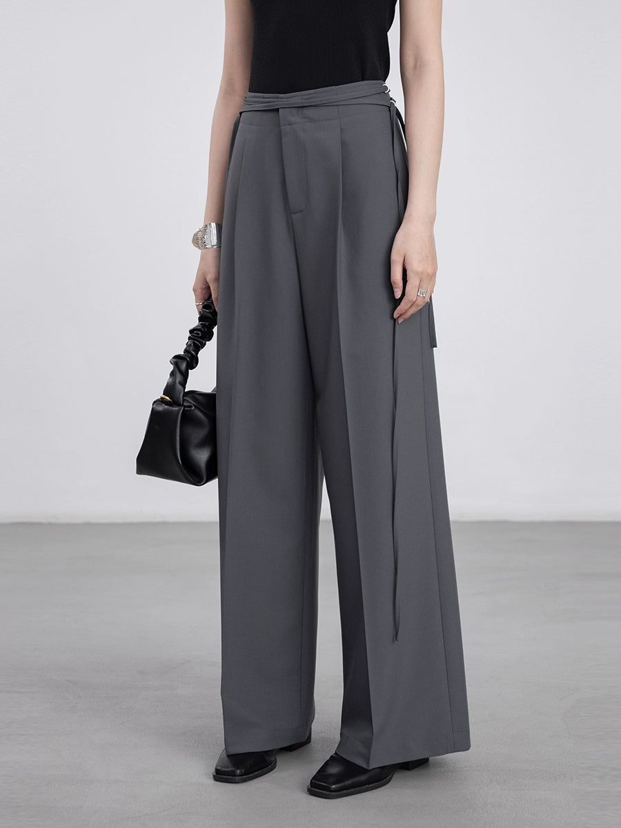 [Oferta por tiempo limitado] Pantalones de traje gris CAREMIND, diseño de mujer, cintura con tiras, pantalones de pierna ancha 