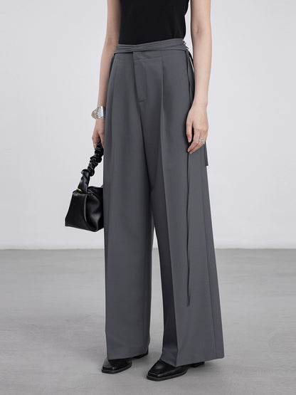 [Oferta por tiempo limitado] Pantalones de traje gris CAREMIND, diseño de mujer, cintura con tiras, pantalones de pierna ancha 