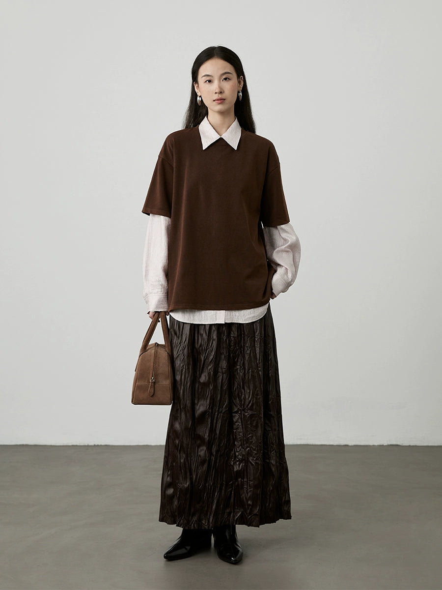 [Café helado] Camiseta holgada de cuello redondo color café de CAREMIND, camiseta fina de manga corta apilada de longitud media y larga, primavera y otoño 