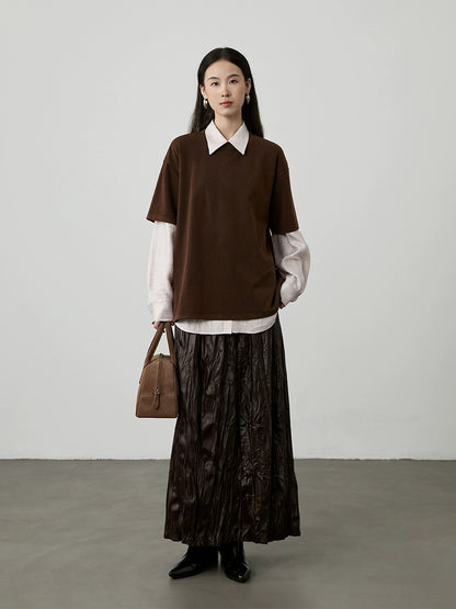 [Café helado] Camiseta holgada de cuello redondo color café de CAREMIND, camiseta fina de manga corta apilada de longitud media y larga, primavera y otoño 