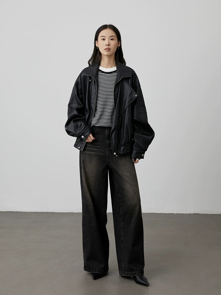 [TOMBOY sea soul shirt] CAREMIND black and gray striped long-sleeved top loose shoulder versatile bottoming shirt