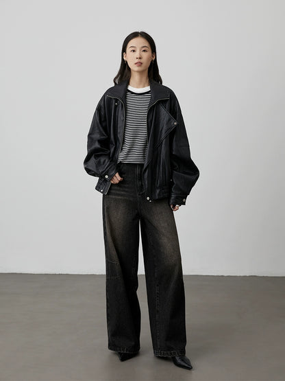 [TOMBOY sea soul shirt] CAREMIND black and gray striped long-sleeved top loose shoulder versatile bottoming shirt