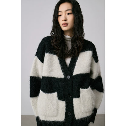 Suéter de alpaca CAREMIND con rayas en contraste en blanco y negro, abrigo térmico, chaqueta tipo cárdigan de felpa suave 