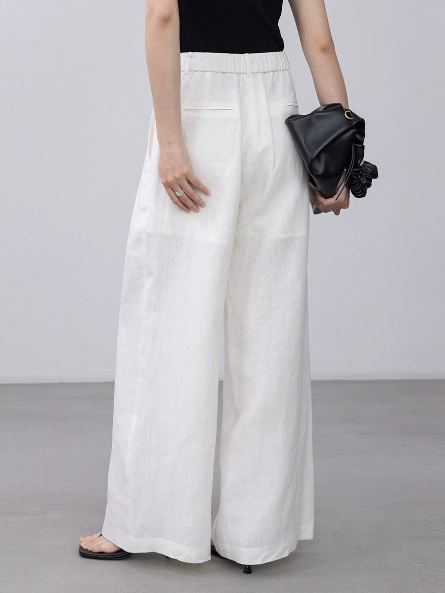 [Oferta por tiempo limitado] Pantalones rectos blancos de lino puro CAREMIND Pantalones casuales versátiles de cintura alta y pierna ancha 
