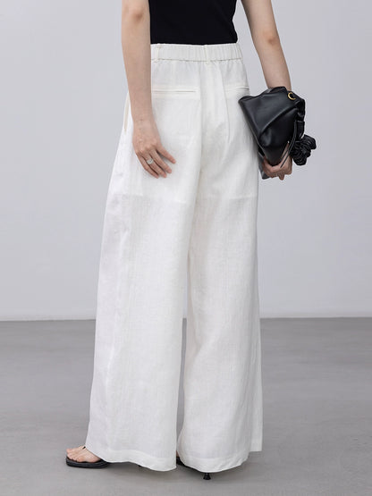 [Oferta por tiempo limitado] Pantalones rectos blancos de lino puro CAREMIND Pantalones casuales versátiles de cintura alta y pierna ancha 