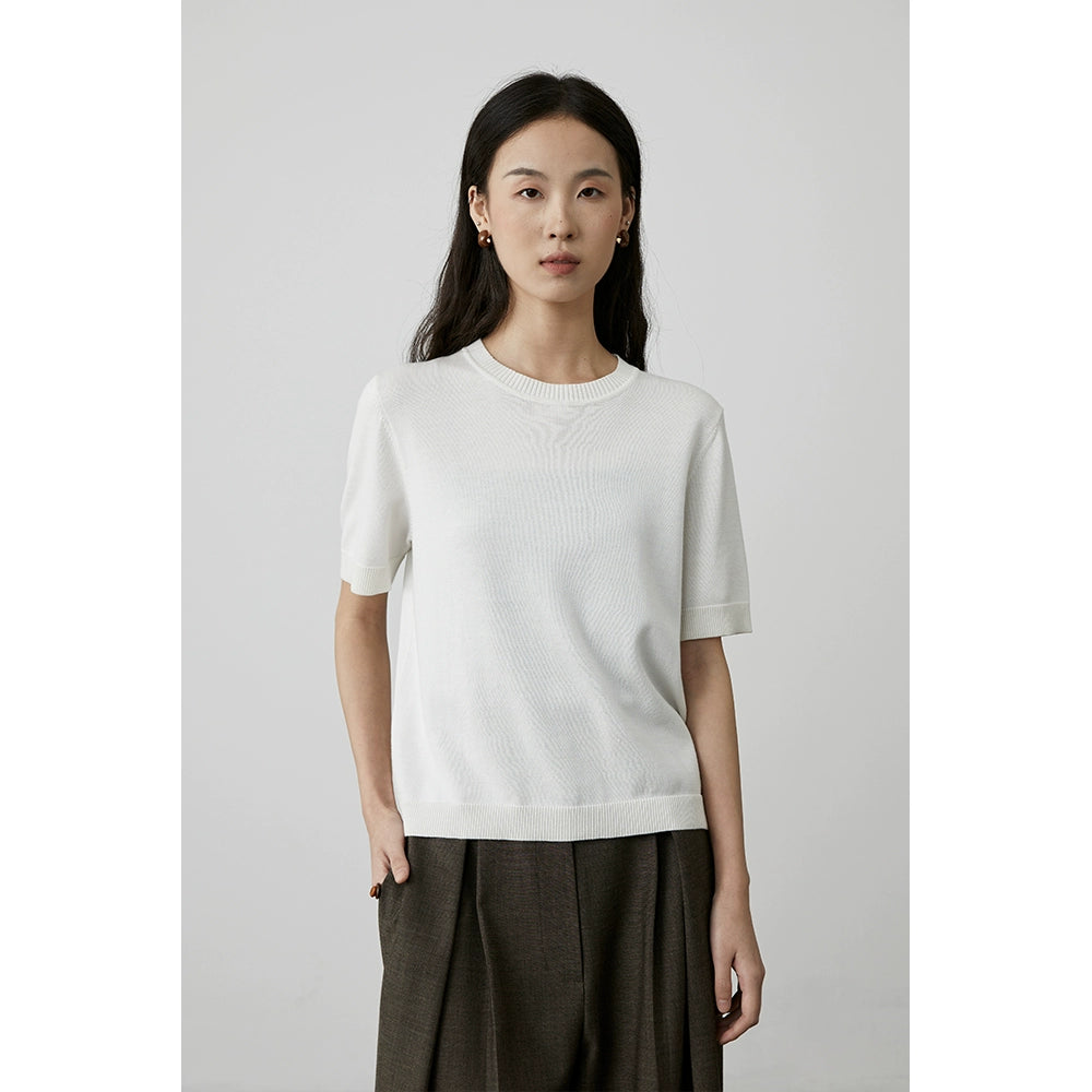 [Soft Wool Weaving] CAREMIND Simple Two-Color Short Sleeve Knitted T-Shirt Top Casual Crew Neck Skin-friendly Inside