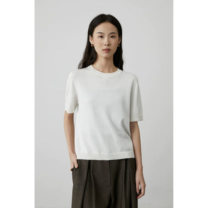 [Soft Wool Weaving] CAREMIND Simple Two-Color Short Sleeve Knitted T-Shirt Top Casual Crew Neck Skin-friendly Inside