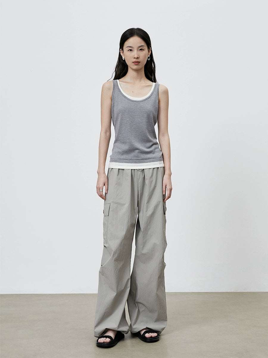 [Mono de montaña] Pantalones de pierna ancha de herramientas grises CAREMIND, pantalones de paracaidista finos y rectos de secado rápido para mujer 